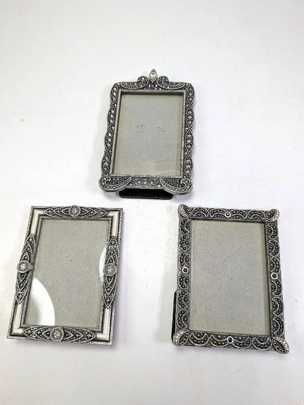 VTG Burnes of Boston Jeweled Mini Picture Frames Trio Pewter Tone Set of 3
